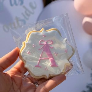 Custom monogram cookie letter A with pink bow - personalized wedding cookie