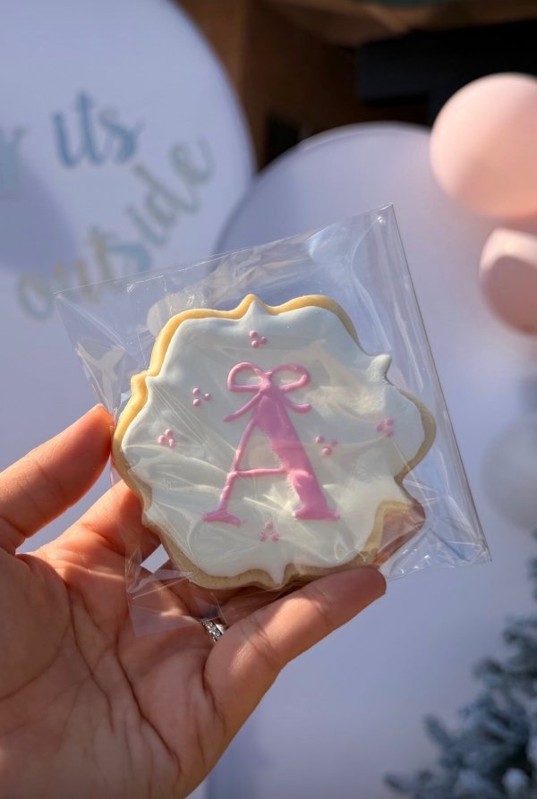 Custom monogram cookie letter A with pink bow - personalized wedding cookie