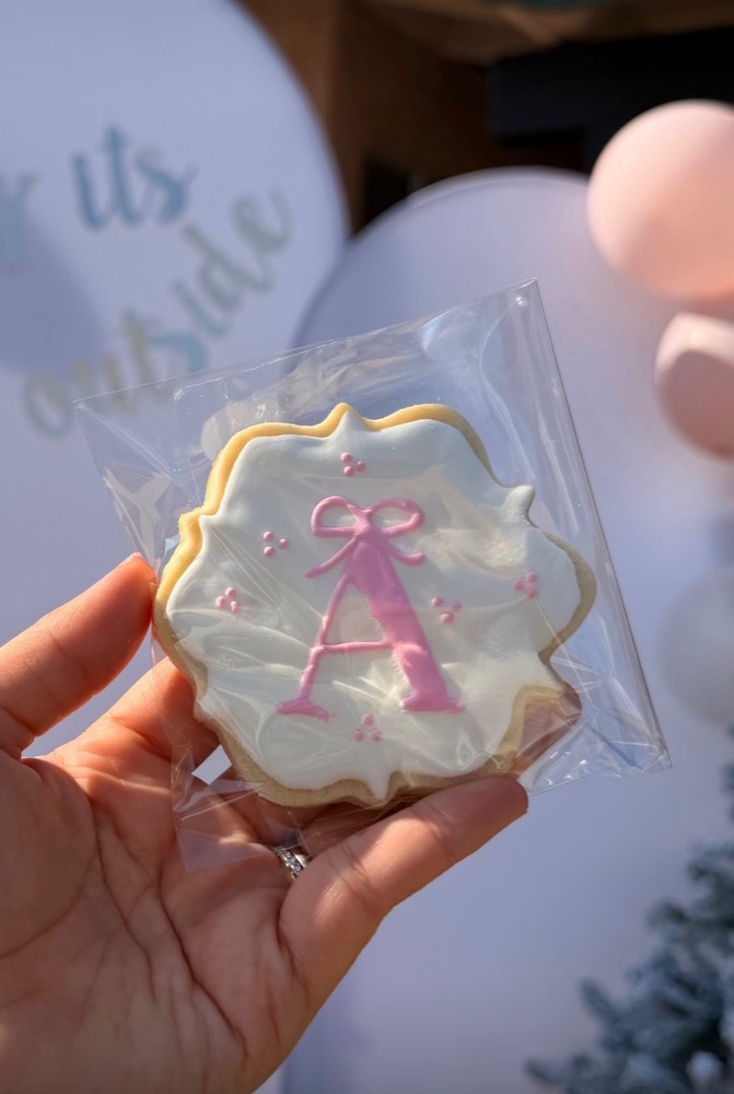 Custom monogram cookie letter A with pink bow - personalized wedding cookie