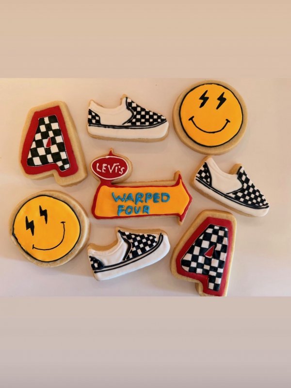 Streetwear themed cookies featuring Vans sneakers and smiley faces - pop culture cookies