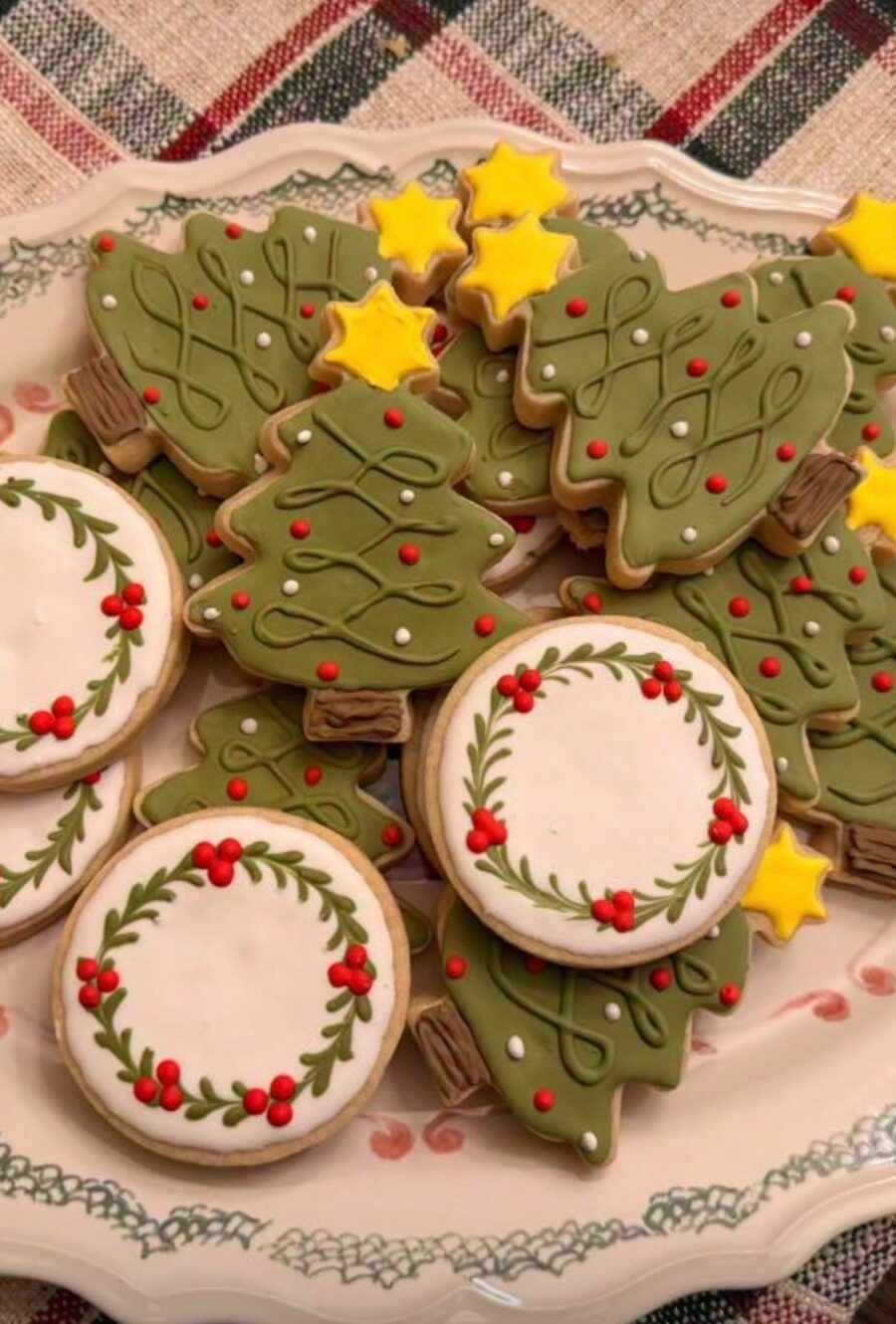 Holiday Christmas tree and wreath cookie set on decorative platter